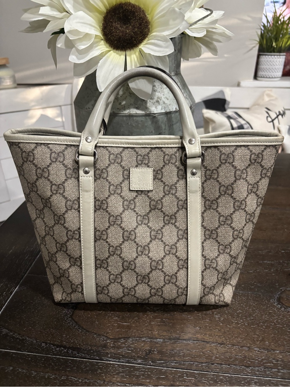 Gucci Beige/Tan GG Canvas Tote with Neutral Leather Trim